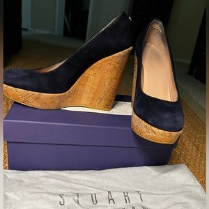 Used Stuart Weitzman Corkswoon Wedge in Nice Blue Suede size 6.5m